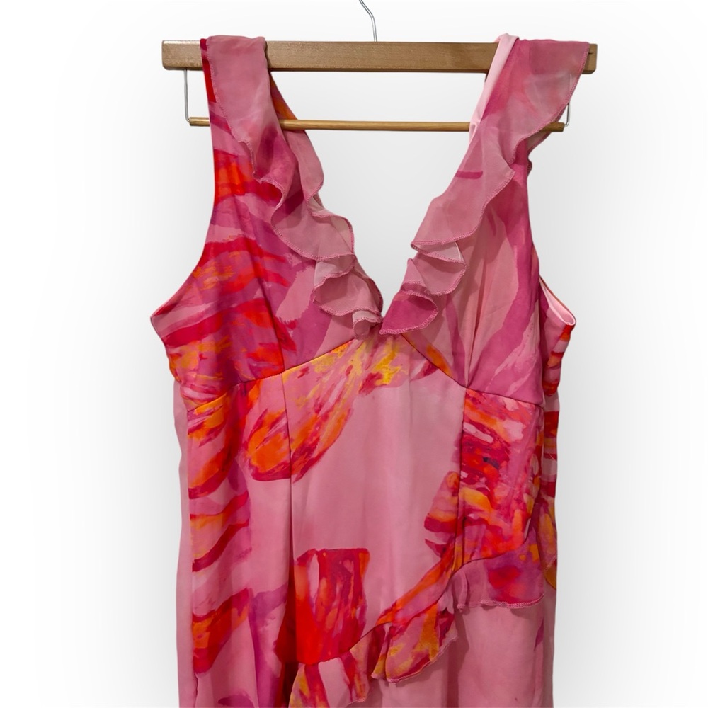PrettyLittleThing| Pink Floral Asymmetric Frill Split Maxi Dress| Size 12